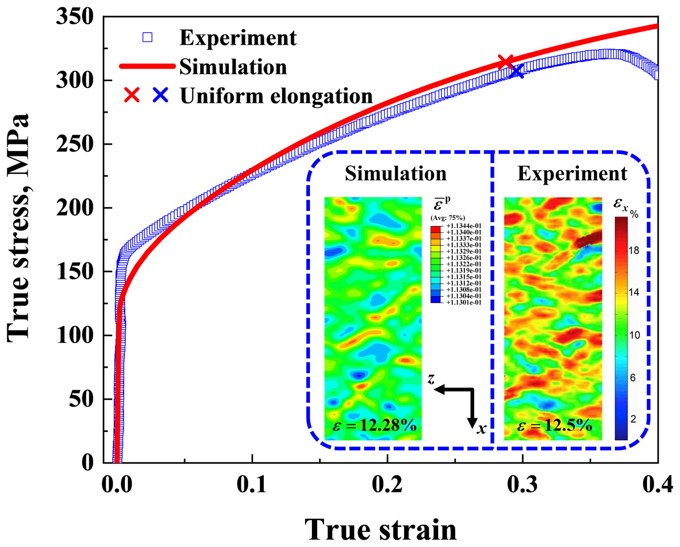 Simulated and measured true stress–strain curves of gradient copper, with simulated and measured strain maps of the top surface in an inset